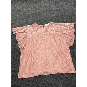 Shannon Ford New York Pink Floral Lace Flutter Sleeve Blouse Plus Size 3X